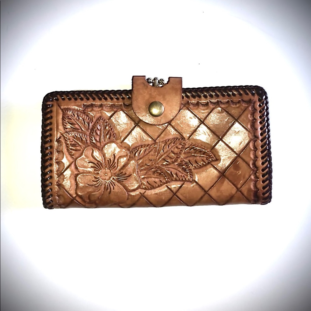 Hand tooled natural leather wallet Made in USA